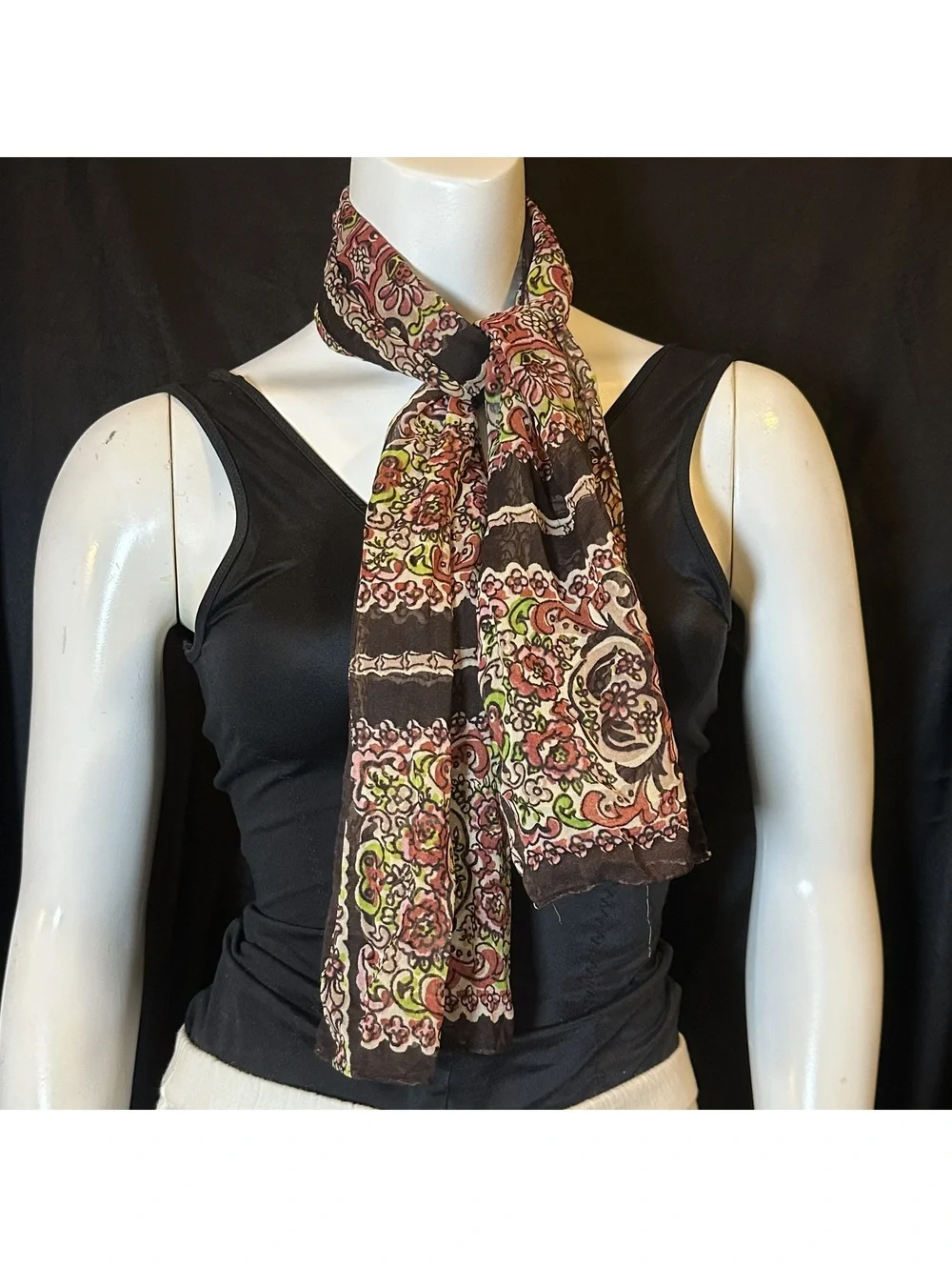 Vintage Lightweight Floral Patterned Scarf with Black Background